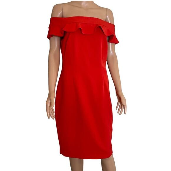 Eliza J. dress below knee ruffle shoulder line form fitting red zip up SZ 8 - Picture 2 of 12